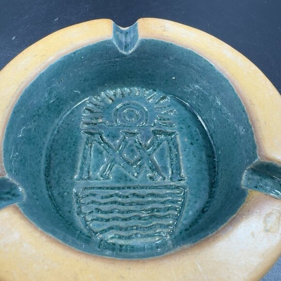 Vintage Mexican Pottery Ashtray Dish Green Teal Aztec Clay Hand Made Decor Dish - Picture 7 of 13